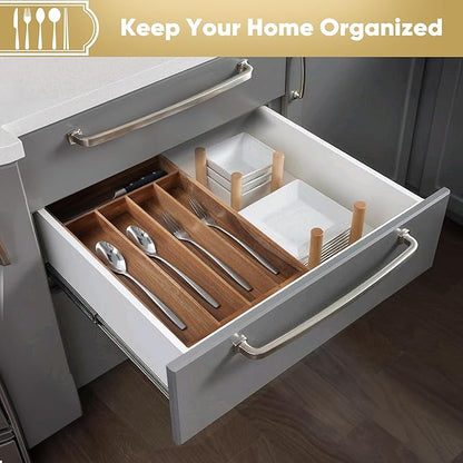 Silverware Organizer, 10 Inch Utensil Organizer Kitchen Drawer Organizer Acacia Silverware Holder Cutlery Tray Organizer in Drawer Flatware Organizer Tray(5 slots, Acacia