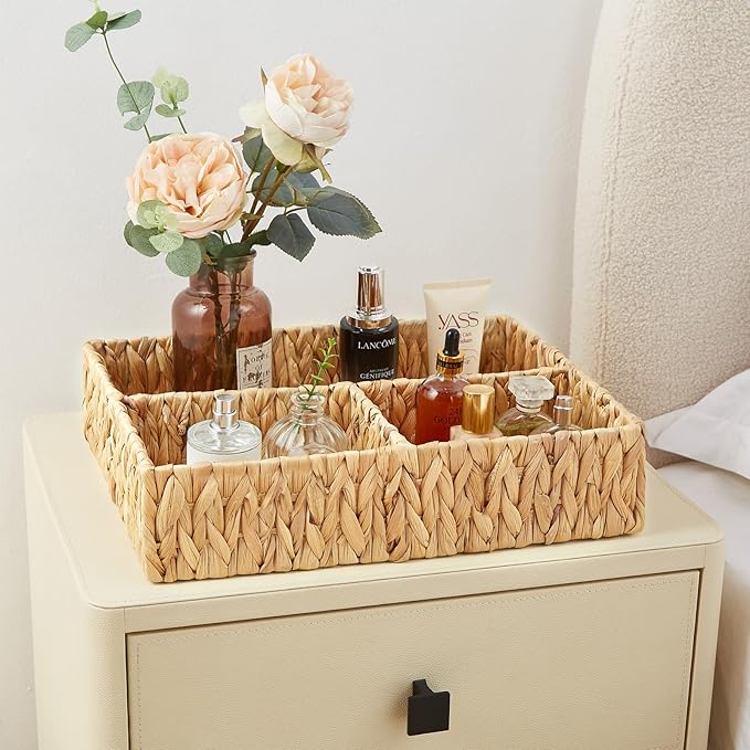 Vagusicc Wicker Divided Storage Basket, Hand-Woven Water Hyacinth Wicker Baskets, Basket for Drawer Organizing, 3 Section Rectangular Woven Storage Baskets, 2-Pack