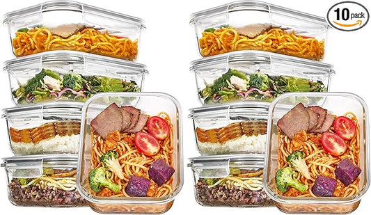 Vtopmart 10 Pack 35oz Glass Food Storage Containers with Lids, Meal Prep Containers, Airtight Reusable Lunch Container Set, Safe for Oven, Microwave, Freezer, and Dishwasher, Grey