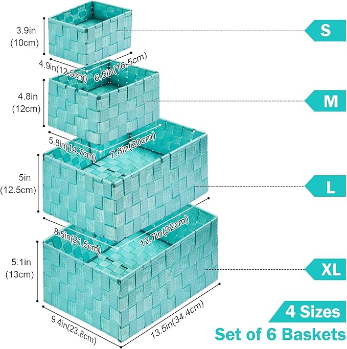 Woven Storage Baskets, Storage Bins, Cube Basket Container Baskets Storage Boxes Organizers for Clothes/Shelves/Closet, Set of 6 (Aqua)