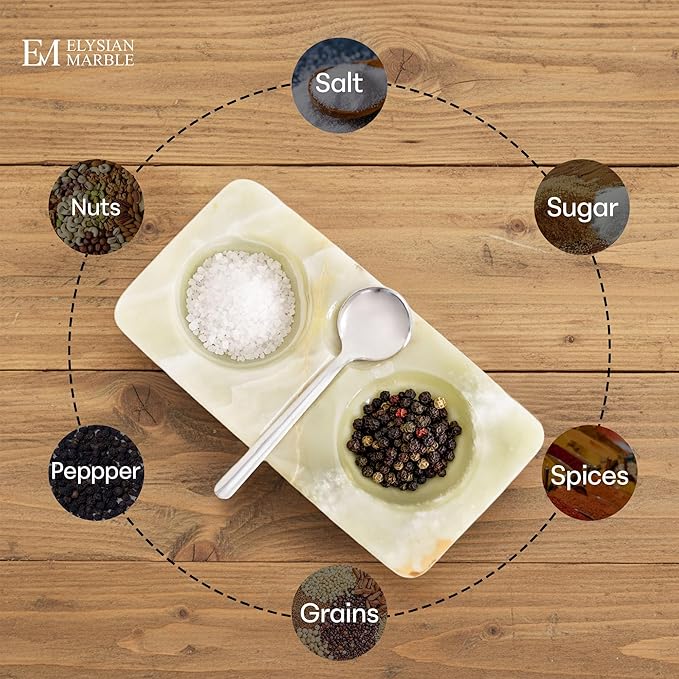 Marble Salt and Pepper Dish with Spoon, Handcrafted Double Spice Tray with 2 Compartments, Natural Stone Condiment Dish for Cooking Prep and Serving - Green Onyx