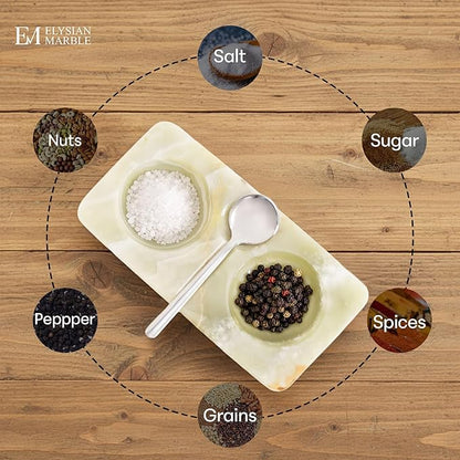 Marble Salt and Pepper Dish with Spoon, Handcrafted Double Spice Tray with 2 Compartments, Natural Stone Condiment Dish for Cooking Prep and Serving - Green Onyx