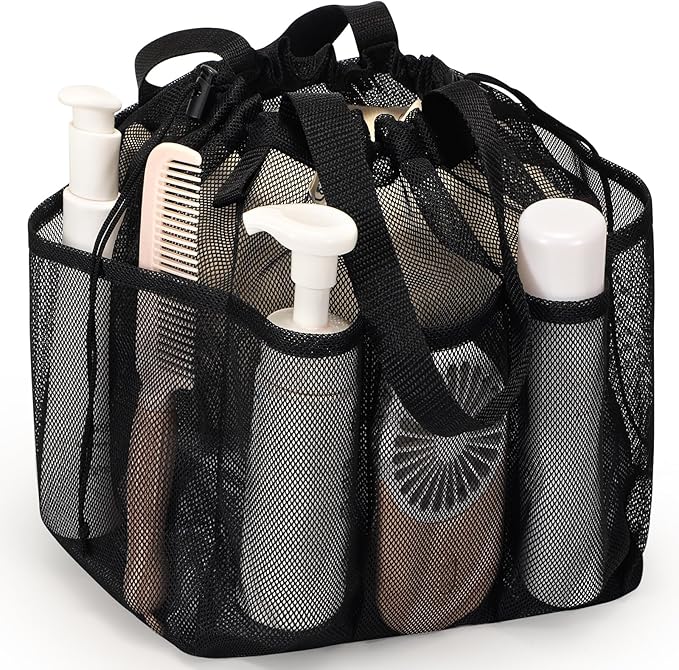 famichan Mesh Shower Caddy Portable with Drawstring, Dorm Room Essentials for College Students boy & girl, Larger Shower Bag for Camping,Swimming,Gym,Travel,Bathroom - Black