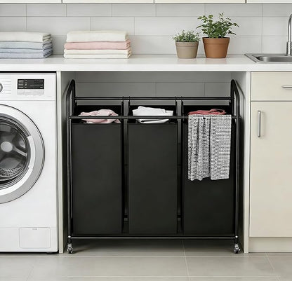 LINZINAR 3-Bag Laundry Basket, Black Laundry Hamper, 35.6 Gal(135 L) Laundry Sorter Cart Laundry Room Organization with Heavy Duty Rolling Lockable Wheels and Removable Bags