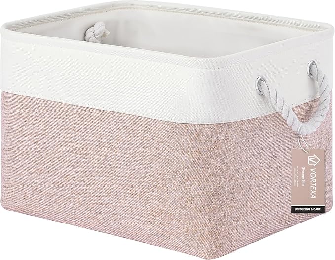 Large Storage Baskets- 15x11x10 inch Storage Bins for Shelves and Closet Organizing, Foldable Fabric Bin for Home Organization Clothes and Laundry (1-Pack, White&Pink)