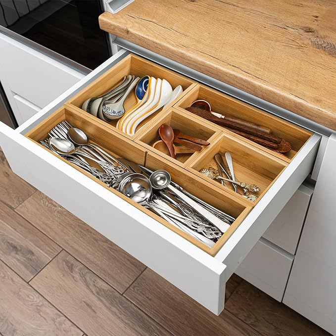 ZAVOOS 5 Pieces Bamboo Drawer Organizer, Multi-Use Individual Junk Tea Storage Drawer Tray Set with Removable Dividers, Adjustable Cutlery Utensils Holder Bin for Kitchen, Office, Bathroom