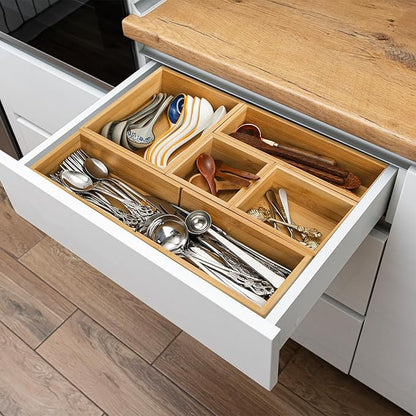 ZAVOOS 5 Pieces Bamboo Drawer Organizer, Multi-Use Individual Junk Tea Storage Drawer Tray Set with Removable Dividers, Adjustable Cutlery Utensils Holder Bin for Kitchen, Office, Bathroom