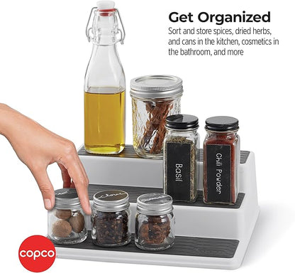 Copco Non-Skid 3-Tier Spice Rack Organizer for Cabinet - 10 Inch Kitchen Pantry Organizer with Raised Rims, White and Gray Step Shelf for Spices, Cans, Jars - Easy Clean Storage Solution
