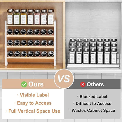 MUDEELA 4 Tier Spice Rack Organizer for Cabinet,Wooden Vertical Spice Shelf, Seasoning Organizer for Countertop, Kitchen, Pantry, Freestanding, 13.4" W × 11.2" H (No Jars Included), White