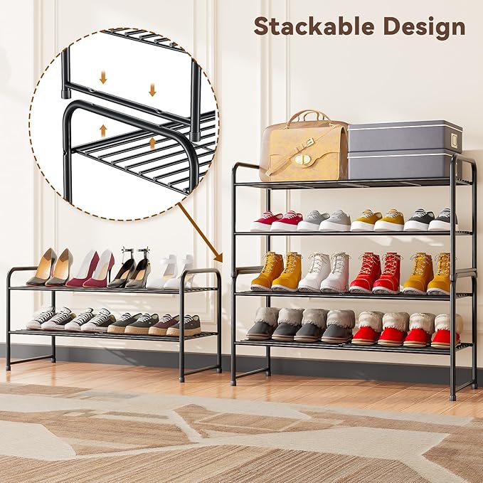 Standard Shoe Rack 2-Tier 32.5 Inches Wide, Free Standing Shoe Organizer for Indoor Outdoor | Adjustable Heavy-Duty Metal Shelf Ideal for Home Entryway Closet & Garage Balcony | Black
