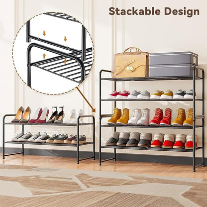Standard Shoe Rack 2-Tier 32.5 Inches Wide, Free Standing Shoe Organizer for Indoor Outdoor | Adjustable Heavy-Duty Metal Shelf Ideal for Home Entryway Closet & Garage Balcony | Black