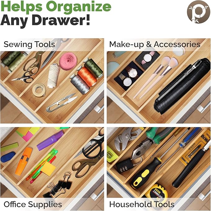 Pristine Bamboo Silverware Organizer - Small Extra-Deep Wooden Kitchen Drawer Organizer Divider for Spoons, Forks, Knives & Cutleries - 5 Slots