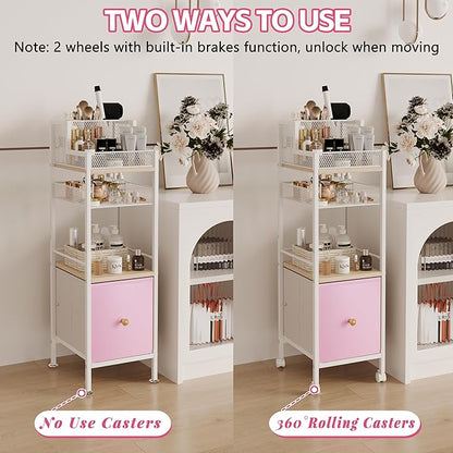 Floor Makeup Organizer Cart, Makeup and Skincare Organizer with Drawers, Bathroom Vanity Organizer, Cosmetics Display Cases Holder for Skin Care Nail Polish Perfume Makeup Brush (Pink)