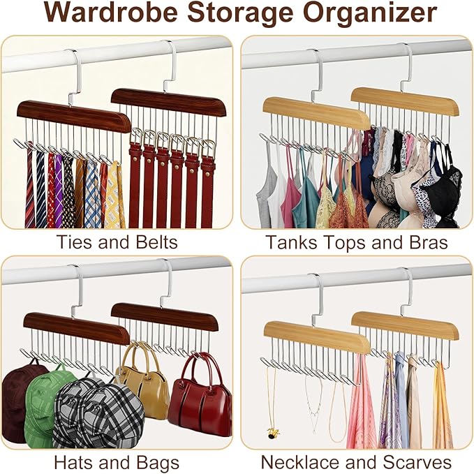 4 Pack Belt Hanger for Closet, Wooden Tie Rack Hangers for Men with 8 Hooks, Space Saving Belt Organizer, Closet Storage for Ties, Belts, Bras, Scarves, Tank Tops