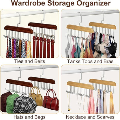 4 Pack Belt Hanger for Closet, Wooden Tie Rack Hangers for Men with 8 Hooks, Space Saving Belt Organizer, Closet Storage for Ties, Belts, Bras, Scarves, Tank Tops