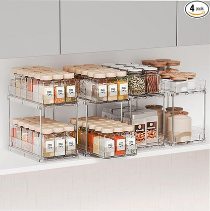 Yieach 4 Pack 2 Tier Vertical Spice Rack Pull Out,10.4'' Deep Narrow Slide Out Spice Rack Organizer for Inside Cabinets,Kitchen,Pantry,Cupboard Seasoning,Can,Jar Organizer and Medicine Cabinet Storage