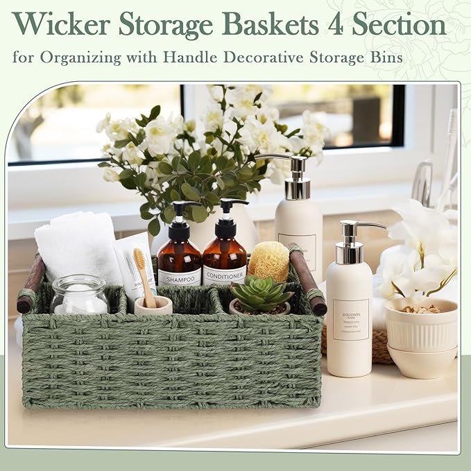 Remerry Sage Green Bathroom Countertop Organizer Caddy, Wicker-Like Divided Basket with Handle and Metal Frame, 4 Compartment, Paper Rope Storage Organizer for Vanity Kitchen (10.24 x 7.87 x 3.94 in)