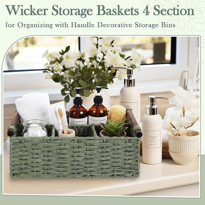 Remerry Sage Green Bathroom Countertop Organizer Caddy, Wicker-Like Divided Basket with Handle and Metal Frame, 4 Compartment, Paper Rope Storage Organizer for Vanity Kitchen (10.24 x 7.87 x 3.94 in)