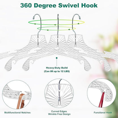 Quality Hangers 12 Pack Crystal Clear Plastic Hangers with Easy Swivel 360 Degree Hook Slim Crystal Coat Hangers 17 Inches (12, 17")