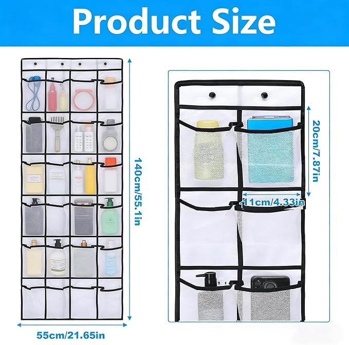 Cruise Approved Magnetic Door Organizer, 24 Mesh Pockets Over the Door Storage with Hooks, Magnetic Shoe Rack Holder for Cruise Ship Cabin, White 55x21 Inch