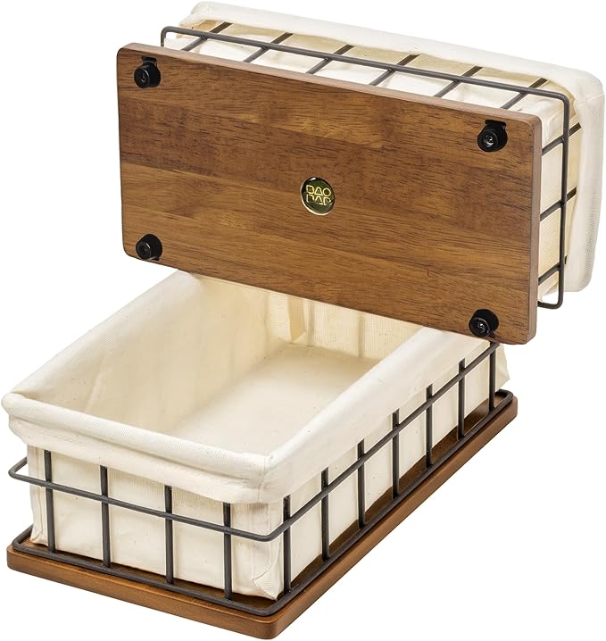 BAOBAB WORKSHOP Wooden Bathroom Basket Organizer & Storage, Toilet Paper Basket for Back of Toilet Tank Topper Tray, Paper Holder Basket for Bathroom Decor Box with Liners, Solid Wood & Wire, Set of 2