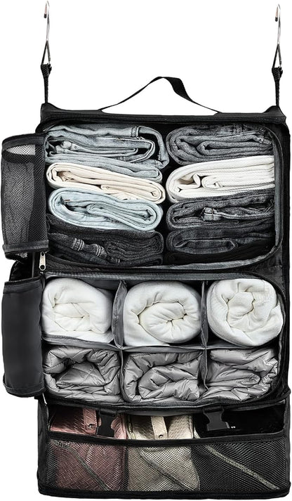 Surblue Hanging Shelves Travel Storage Bag Compression Packing Cube for Suitcase Portable Closet Organizer Collapsible with Extension Layer Large Capacity,Black,XXL