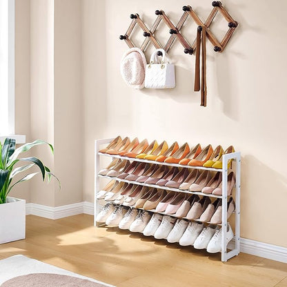 FAVOOSTY 4-Tier Expandable Shoe Rack, Adjustable Shoe Shelf Storage Organizer Space Saving Metal Free Standing Shoe Rack for Entryway Closet Doorway, White
