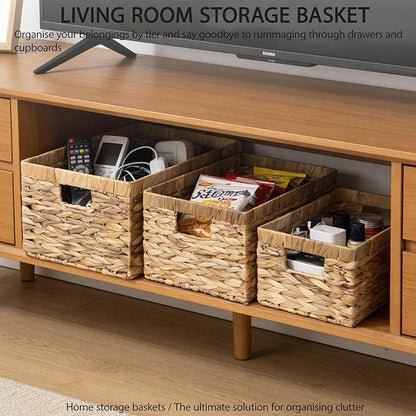 Storage Baskets,Woven Natural Water hyacinth Box with Handle,Kingwillow.(Set of 3)