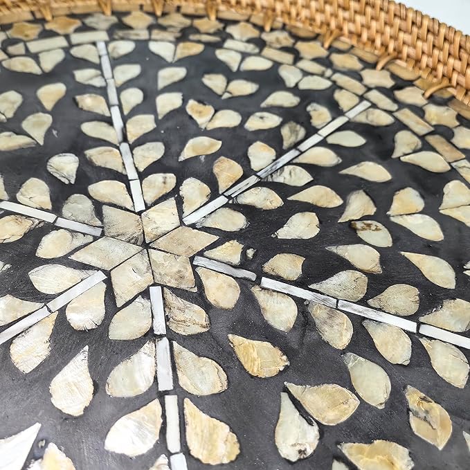 16" Rattan & Mother of Pearl Lazy Susan with Artisan Inlay - Round Black Rotating Turntable - Modern Server for Spices, Condiments & Holiday Hosting