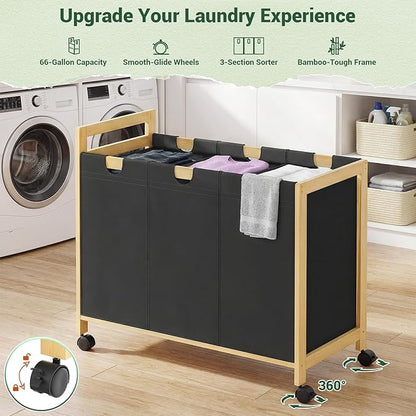 Homykic 250L Laundry Sorter Cart with Wheels, 3-Section Rolling Laundry Basket with Removable Bags, 66 Gal Large Laundry Hamper Organizer, Heavy Duty Bamboo Frame, Water-Resistant, Black