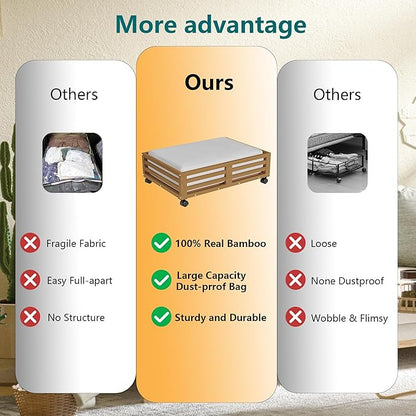 Bamboo Under Bed Storage Containers- Underbed Organizer with Wheels with Large Capacity Dust Bag,Sturdy Wood Rolling Under Bed Shoe Storage Organizer 2 Packs (Walnut, 2 Packs (23.62"×16.54"))