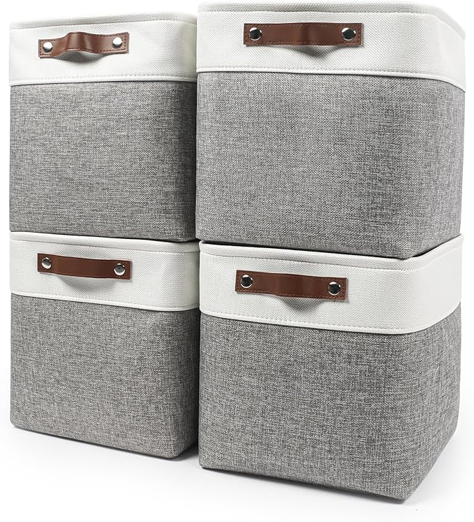 Bagnizer Collapsible Fabric Storage Cubes 11x11 Cube Storage Bins, 4 Pack Closet Baskets Box with Handles for Organizing, Shelf, Toys, Clothes, Home, Office, Nursery (Grey&White)