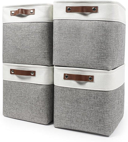Bagnizer Collapsible Fabric Storage Cubes 11x11 Cube Storage Bins, 4 Pack Closet Baskets Box with Handles for Organizing, Shelf, Toys, Clothes, Home, Office, Nursery (Grey&White)