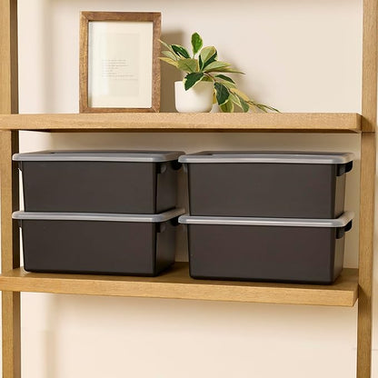 Cubby Storage Bins with Lids, 10-Pack Stackable Plastic Organizer Containers for Pantry, Office, Garage - Nestable with Handles, Black