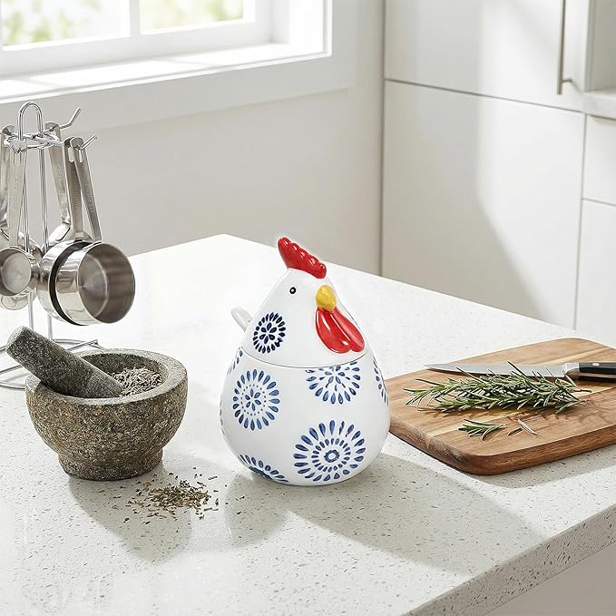 Ceramic Salt Cellar with Lid and Spoon,17oz Large Chicken Rooster Cookie Jar Salt Containers Holder for Countertop Spices,Cute Farmhouse Kitchen Decor,Spice Jar for Coffee,Sugar,Spices,Candies (#D)