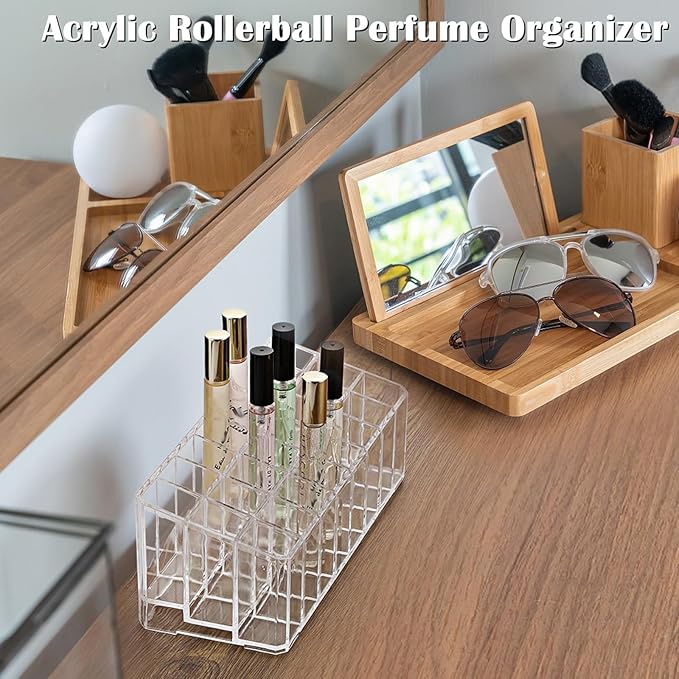 ELLDOO Rollerball Perfume Organizer, 24 Spaces Clear Acrylic Perfume Storage Holder Beauty Scent Holder, Makeup Lipgloss Lipstick Display Case