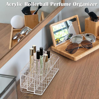 ELLDOO Rollerball Perfume Organizer, 24 Spaces Clear Acrylic Perfume Storage Holder Beauty Scent Holder, Makeup Lipgloss Lipstick Display Case