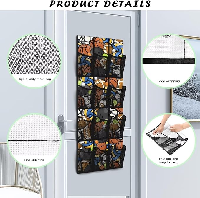 Ball Shoe Organizer Door Hanger Heavy Duty Oxford Over the Door Organizer with 12 Large Mesh Pockets Behind the Door Rack for Toys Snacks Shoes Hats Space Saving