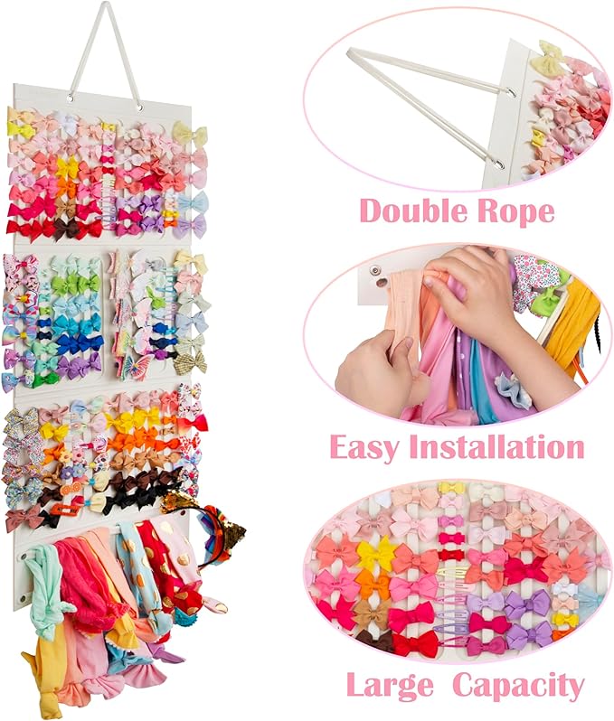Bow Holder Organizer for Girls - Hanging Hair Accessories Storage for Headbands, Clips, Ties, Scrunchies (Without Bows) (Beige)