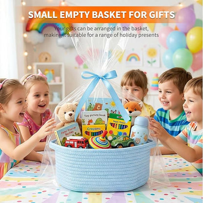 ShellKingdom Storage Basket with Handles, Empty Gift Basket with Gift Bags and Ribbon, Small Woven Baskets for Home, Nursery Storage Organizer, 12 X 8 X 5 INCH, Light Blue