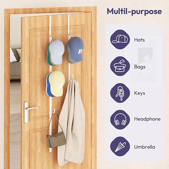 SWTYMIKI Over Door Hat Rack - 2 Packs Metal Hanging Hat Organizer with 8 Hooks Design, Baseball Cap Hanger Organizer Storage Holds up to 40 Caps for Door, Bedroom, Closet