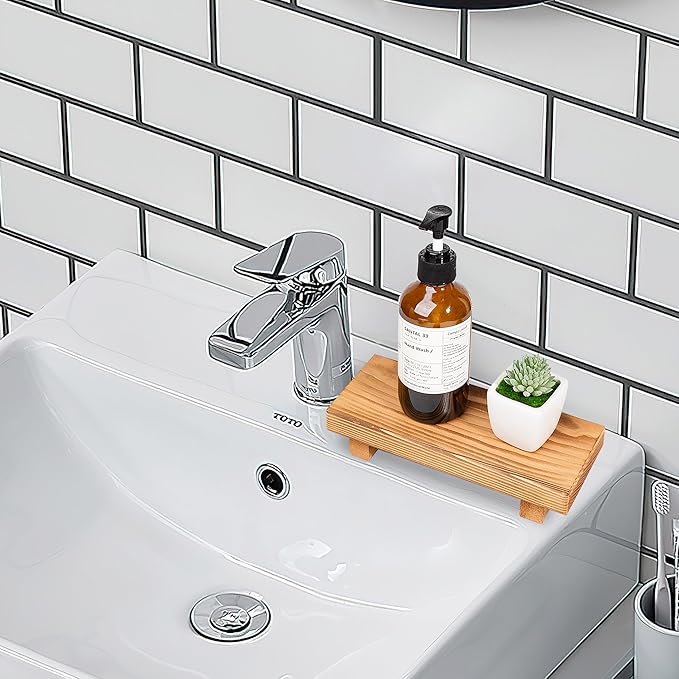 Bathroom Counter Organizer Wood Pedestal Stand Farmhouse Decorative Tray Soap Holder for Kitchen Decor, Small, Brown