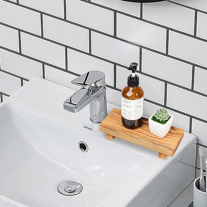 Bathroom Counter Organizer Wood Pedestal Stand Farmhouse Decorative Tray Soap Holder for Kitchen Decor, Small, Brown
