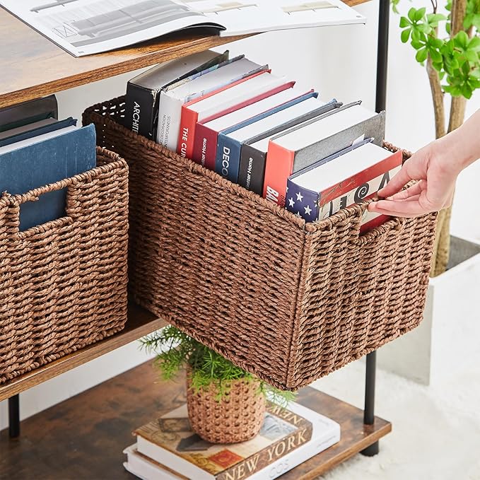Vagusicc Wicker Storage Basket, Set of 2 Hand-Woven Paper Rope Wicker Basket, Small Storage Baskets for Organizing Toilet Paper Basket, Foldable Large Cube Storage Organizer Bins for Shelves (Brown)