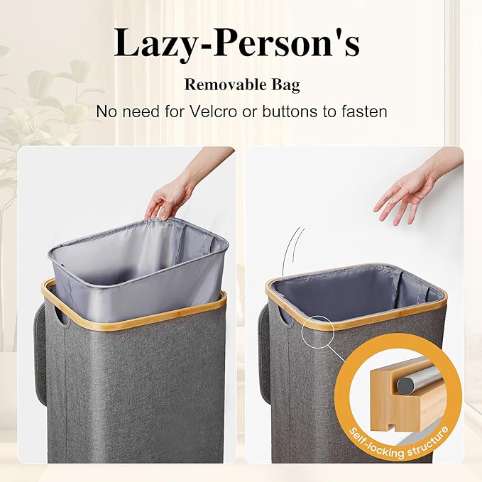 Foluck Large Laundry Hamper, 75L Waterproof Laundry Basket with Lid and Removable Bag, Collapsible Tall Clothes Hamper with Bamboo Handles for Clothes Toys in Dorm Bedroom Bathroom, Grey