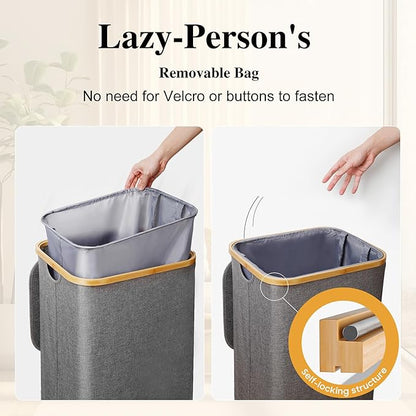 Foluck Large Laundry Hamper, 75L Waterproof Laundry Basket with Lid and Removable Bag, Collapsible Tall Clothes Hamper with Bamboo Handles for Clothes Toys in Dorm Bedroom Bathroom, Grey