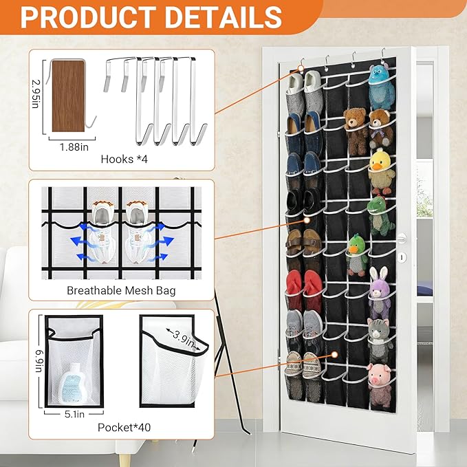 40-Pocket Over the Door Shoe Organizer - Large Mesh Pocket Hanging Shoe Organizer,Behind the Door Shoes Storage Holder Hanger (Black-W)