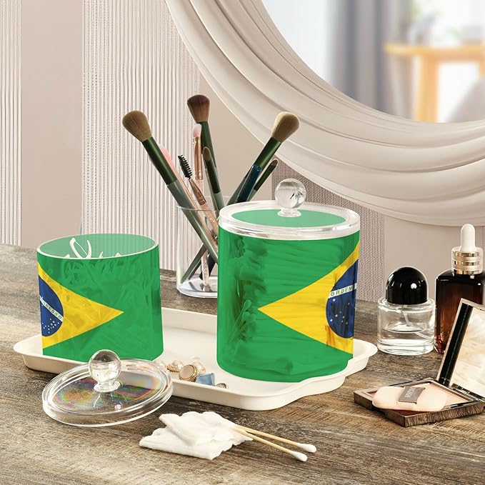 DOMIKING Brazilan Flag 2 Pack Bathroom Canisters Cotton Swab Holder Dispenser Plastic Cotton Ball Jar Acrylic Storage Containers for Floss Makeup Sponges Cotton Ball