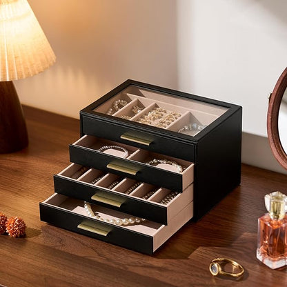 pickpiff Jewelry Box Organizer Case for Women: 4-Layer Jewelry Storage Case with Glass Window, Black Leather with Blush Velvet, Holder for Ring Necklace Bracelet Brooch Watch, Great Gift for Her