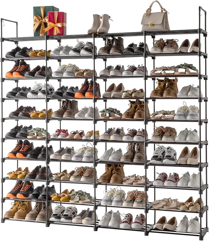 10 Tier Free Standing Shoe Rack, 80 Pairs Tall Vertical Shoe Shelf, Stackable Metal & Waterproof PP, Adjustable Height with Hooks for Closet, Entryway, Dorm